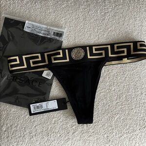 Versace Black Thong with Gold Medusa & Greek Key Waistband